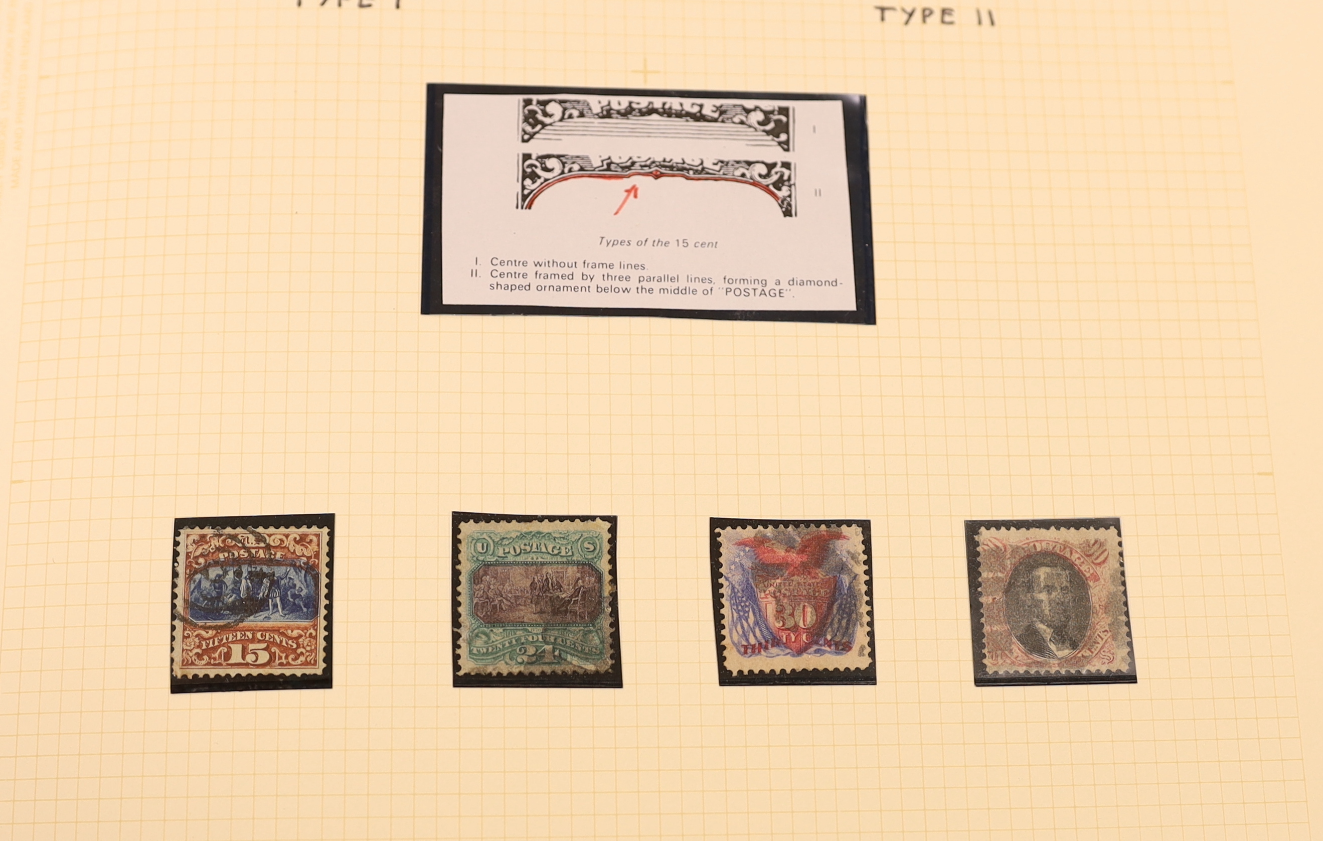 A collection of early United States of America stamps in a Philatelic album including 1845 New York Provisional 5c., 1847-50 5c. (4, one on cover, one single with blue “10” cancel and with RPS Certificate 1956) and 10c.